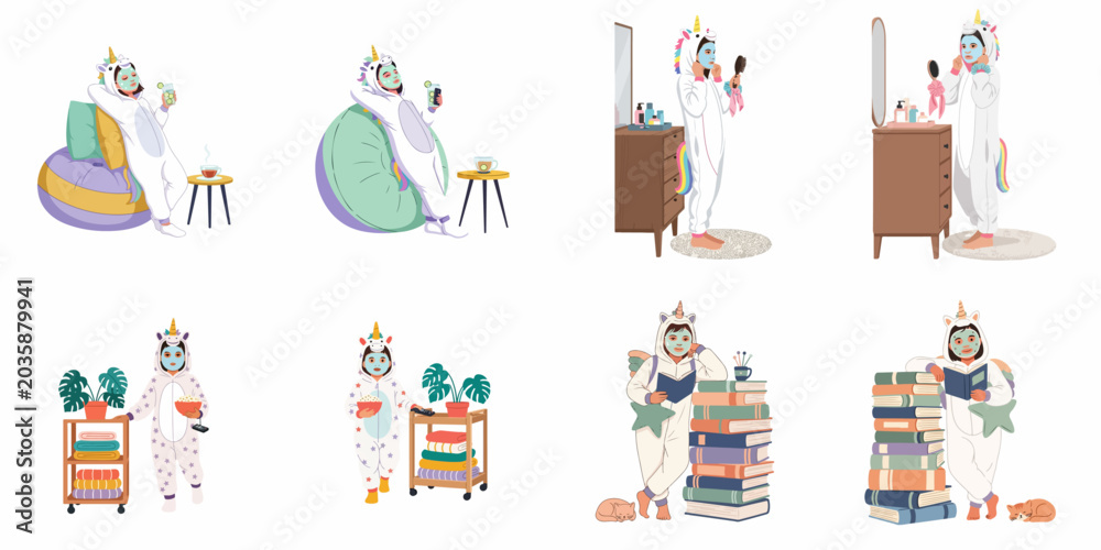 Fototapeta premium Vector illustration set of a girl in a unicorn onesie practicing self-care routines like masking, reading, and lounging at home.