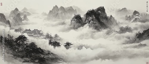 Misty Mountain Pagodas: Ancient pagodas nestle amidst a mystical landscape of mist-shrouded mountains and wispy clouds, evoking a sense of timeless tranquility and serene beauty.