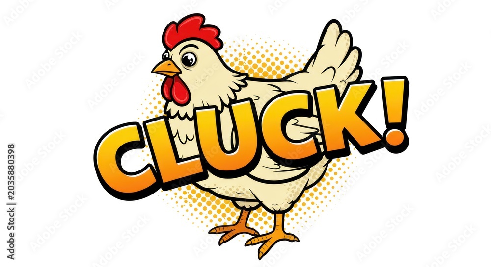 Fototapeta premium A cartoon chicken stands on a surface with a speech bubble saying Cluck