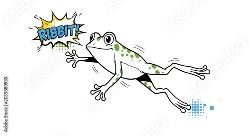 A green frog jumps quickly with a loud ribbit sound effect.