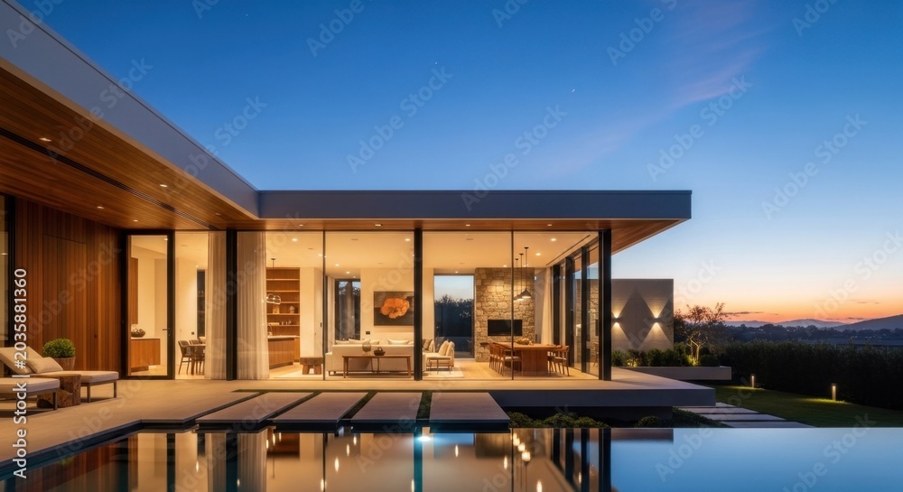 Fototapeta premium Modern Luxury House with Infinity Pool at Sunset