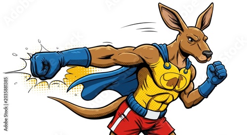 A muscular cartoon kangaroo superhero runs dynamically in a fighting stance.
