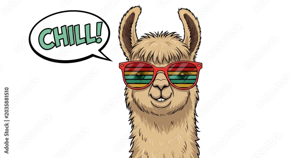 Fototapeta premium A llama wearing sunglasses says chill in a speech bubble.