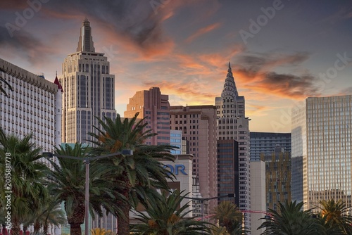 Skyscrapers and palm trees on the Las Vegas Strip, skyline at dusk, Hotel New York New York, Las Vegas, Nevada, USA