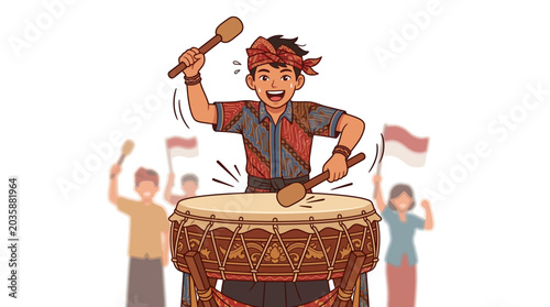 Tableau sur toile Man playing large traditional drum energetically.