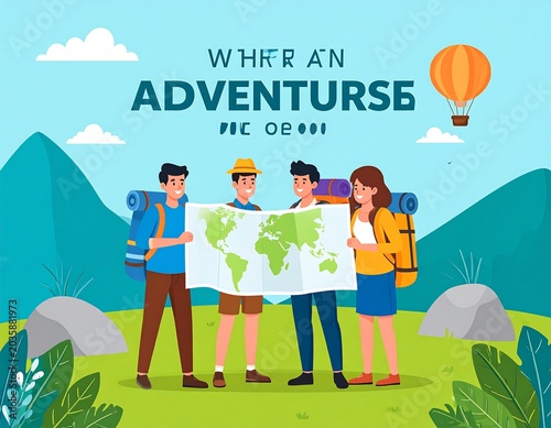 Colorful Young Hikers Holding World Map in Mountain Landscape Illustration