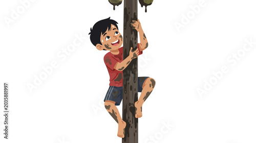 Photos Boy climbing up a wooden pole.