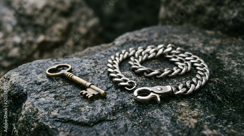 Vintage brass key and silver chain bracelet on dark stone