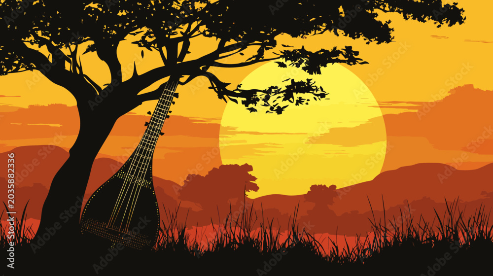 Naklejka premium Digital silhouette of a sunset with a guitar leaning against a tree