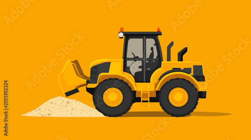 A yellow front loader bulldozer moving sand against an orange background