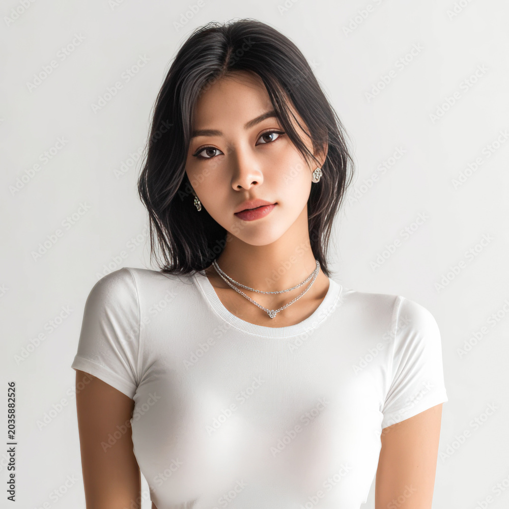 Fototapeta premium Cute asian young woman with expressive eyes and smooth black hairstyle smiles gently in studio lighting, creating fresh beauty portrait with clean minimalist background.