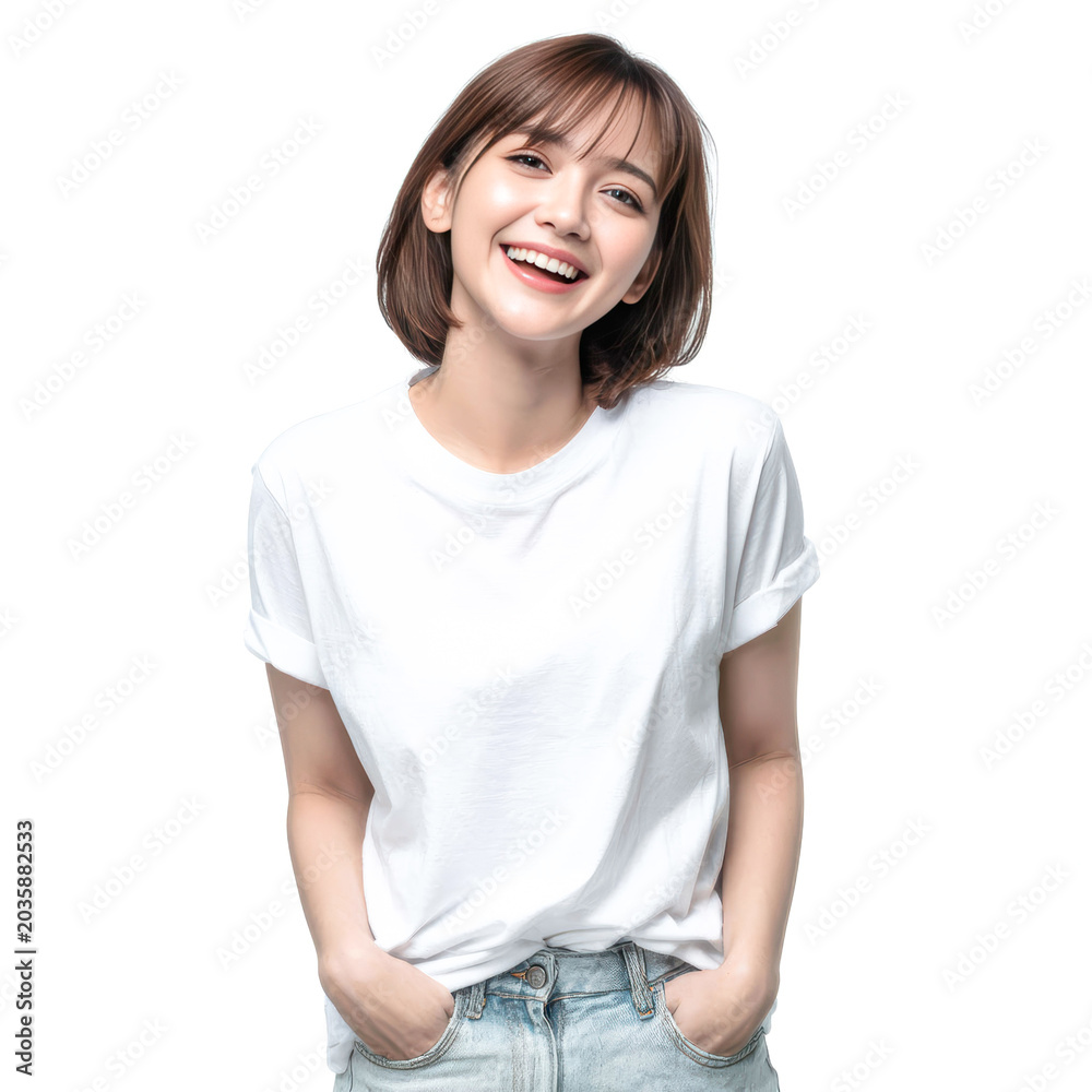 Obraz premium Cute asian young woman with expressive eyes and smooth black hairstyle smiles gently in studio lighting, creating fresh beauty portrait with clean minimalist background.