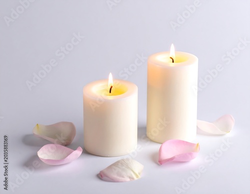 Soft White Candles Glowing Among Pink Rose Petals on Minimal Pastel Background