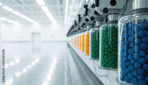 Colorful pill production line sterile pharmaceutical factory, vibrant medicine capsule supply and automated filling