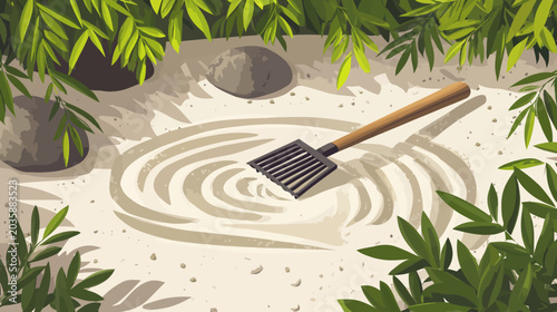Raked sand with spiral pattern, surrounded by green bushes and rocks