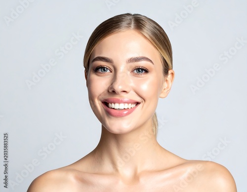 Smiling Young Woman with Natural Makeup Posing Against Gray Studio Background