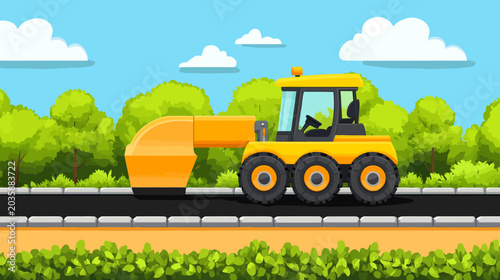 Cartoon yellow road roller compacting asphalt on paved road