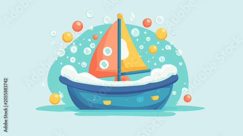Cartoon sailboat with colorful sails surrounded by splashing water