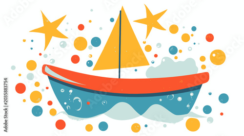 Colorful illustration of a paper boat surrounded by stars and bubbles