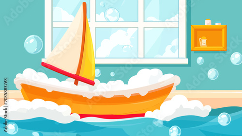Toy sailboat floating on bubbly, foamy water inside a room