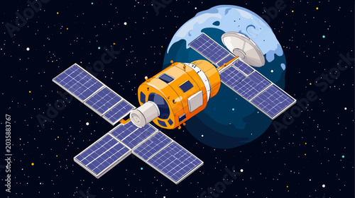 Illustration of a satellite orbiting Earth with space backdrop