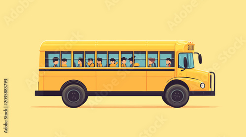 Yellow school bus with children seated inside, side view