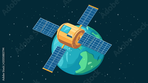 Satellite orbiting Earth with solar panels in space, stars