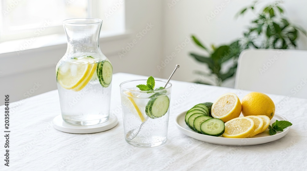 Fototapeta premium A clear glass pitcher filled with water and lemon slices sits on a white table. A smaller glass with lemon and cucumber slices is placed beside it.