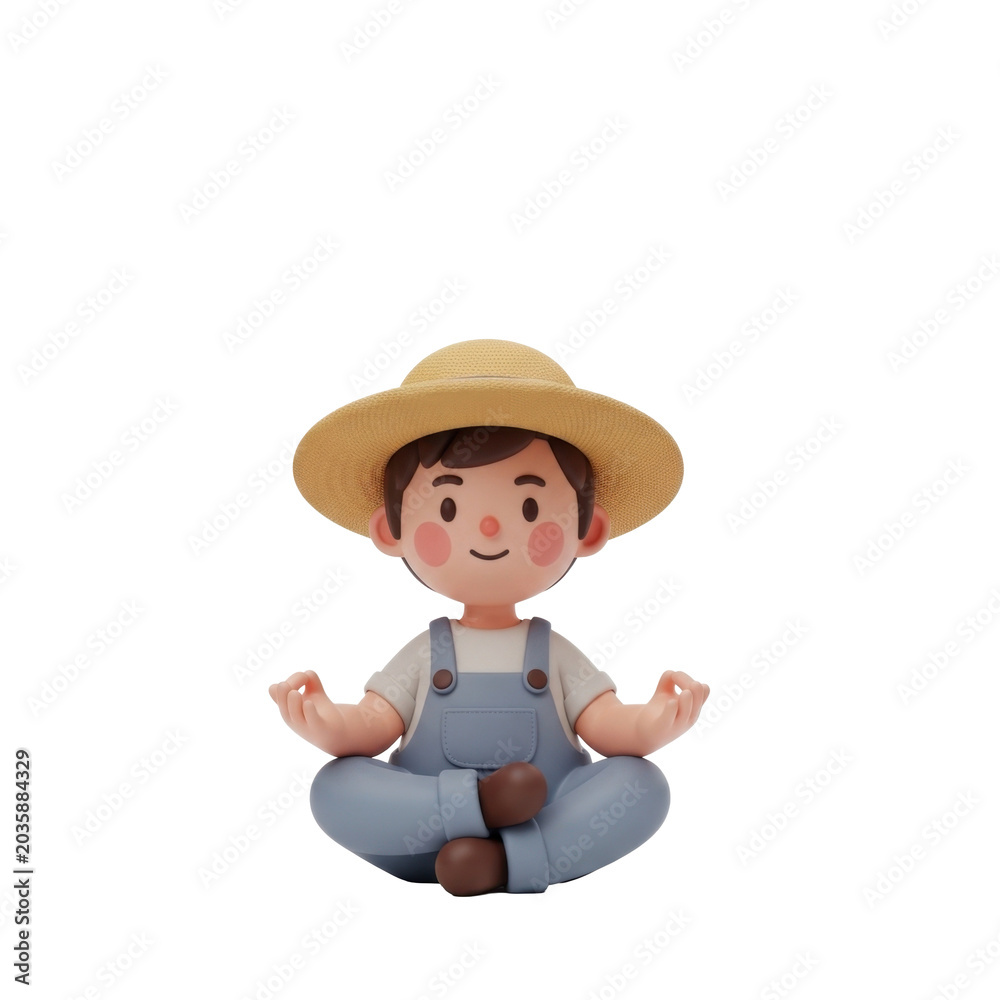 Fototapeta premium Cute boy meditating in straw hat