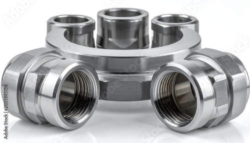 Polished Stainless Steel Pipe Fittings Arranged on White Studio Background