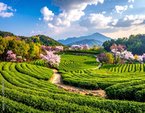 Lush Green Tea Plantation Curving Through Spring Blossoms in Mountain Valley