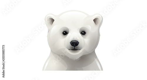 A close-up illustration of a polar bear's face with a curious expression on a plain background