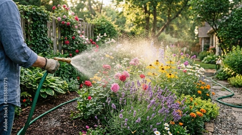 A person is watering a vibrant flower garden with a hose. The gardener wears a gray shirt and gloves.