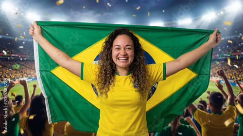 Fotografía Mulher emocionada torcedora da seleção brasileira segurando a bandeira do Brasil