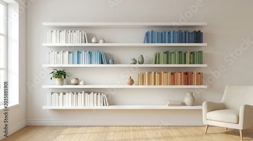 A white shelf unit displays a collection of colorful books. The shelves are mounted on a white wall next to a window.