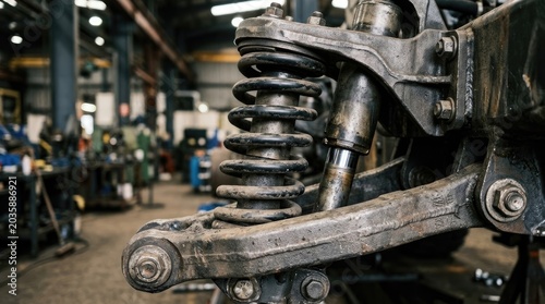 A close-up shot of a motorcycle suspension system in a dimly lit workshop. The focus is on the shock absorber and spring, showcasing its intricate mechanical details.