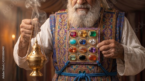 Biblical Jewish High Priest wearing the Hoshen breastplate with twelve stones and holding a golden censer with incense smoke