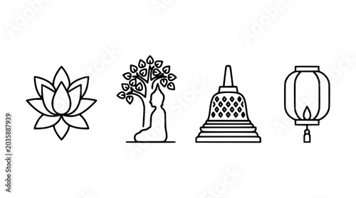 Canvastavla Buddhist Icons: Lotus, Buddha, Stupa, Lantern - Line Art Symbols