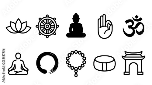 Konstfotografi Collection of Buddhist Symbols Icons: Lotus, Dharma Wheel, Buddha, Om, Zen