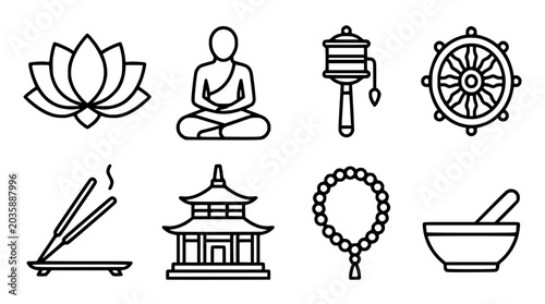 Fotografía Buddhist Symbols Icon Set: Lotus, Buddha, Prayer Wheel, Dharma Wheel, Incense, P
