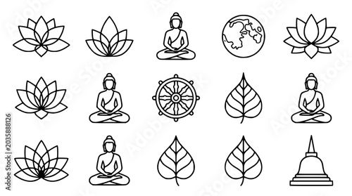 Foto Buddha Icons: Lotus, Dharma Wheel, Bodhi Leaf, Earth, Stupa - Zen Meditation Sym