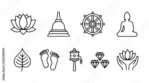 Fotografie Buddhist Icons Set: Lotus, Buddha, Dharma Wheel, Stupa, Footprints, Prayer Wheel