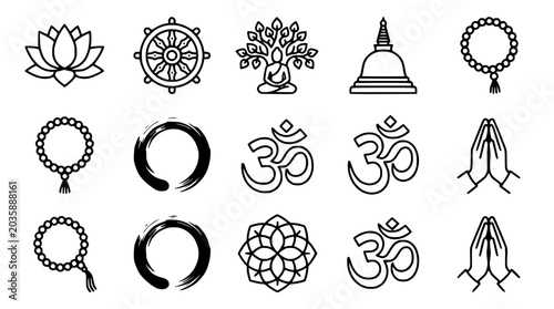 Canvastavla Buddhism and Hinduism Symbols Collection: Lotus, Dharma Wheel, Buddha, Stupa, Om