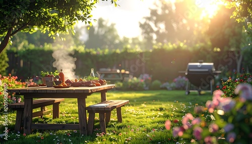 A serene backyard scene with a wooden picnic table and grill