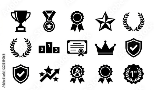 Tableau sur toile Black silhouette achievement icons set awards medals stars and recognition symbo