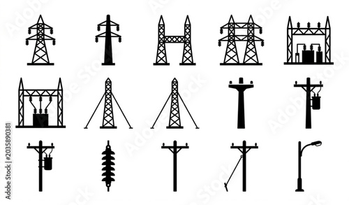 Schilderij op canvas Power transmission infrastructure icons diverse high voltage pylon silhouettes