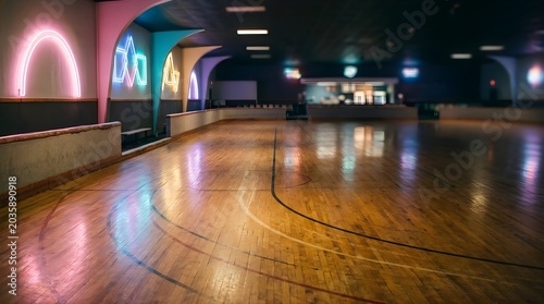 Empty indoor roller skating rink with vibrant neon lights and wooden floor