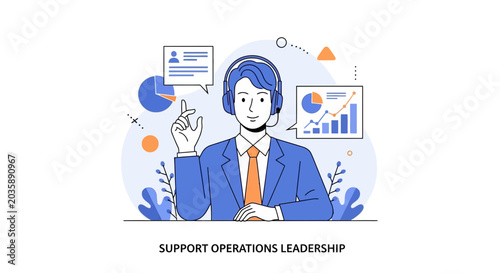 Customer Support Manager with Headset, Analytics Charts, and Business Icons
