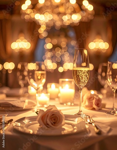 Elegant dinner table with wine glasses.