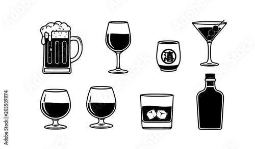 Liquor and alcoholic drinks black and white vector icon set: beer, wine, cocktails, sake, brandy, and whiskey